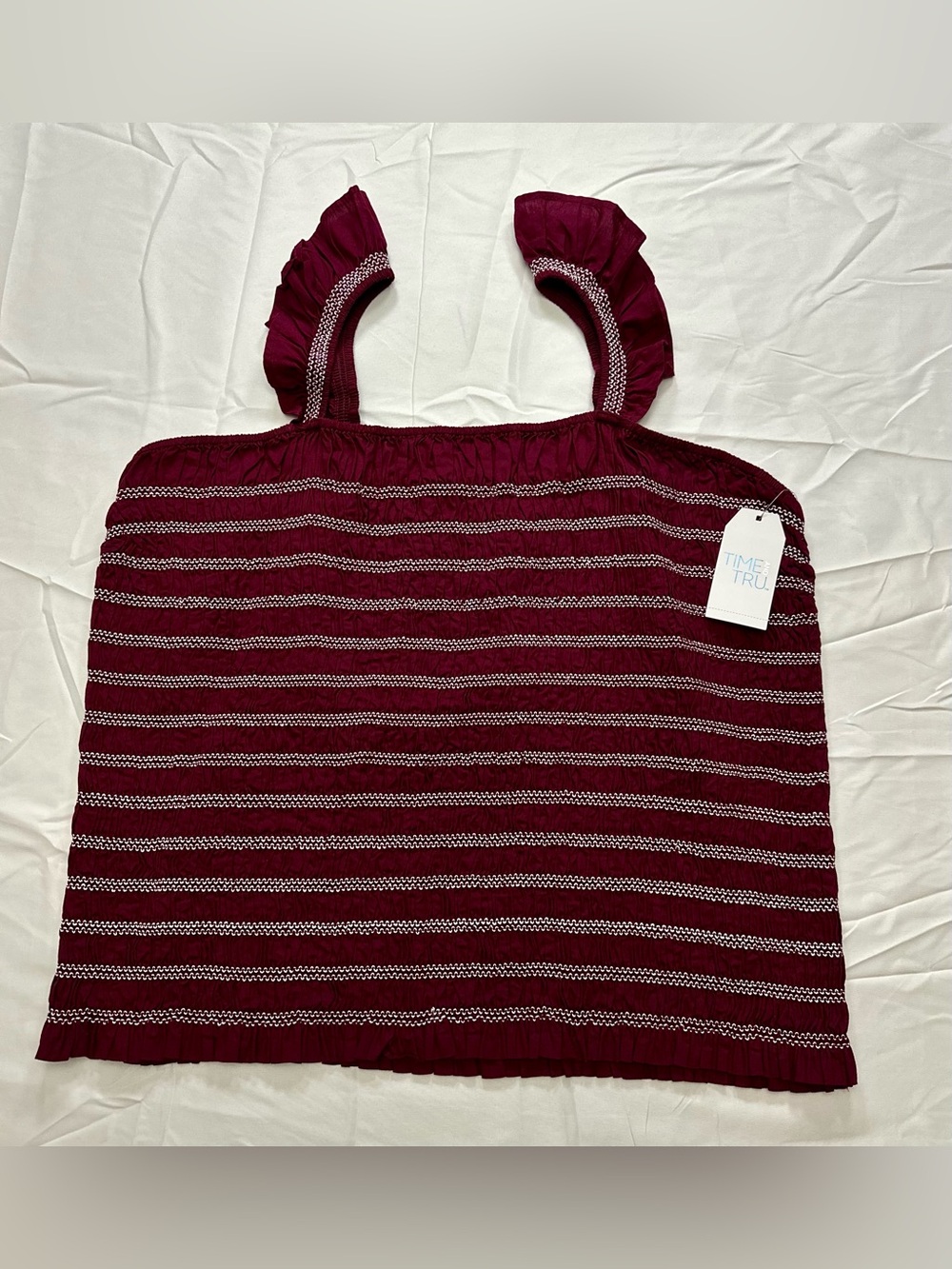 Time and Tru Burgundy and White Striped Ruffle Strap Tank Top